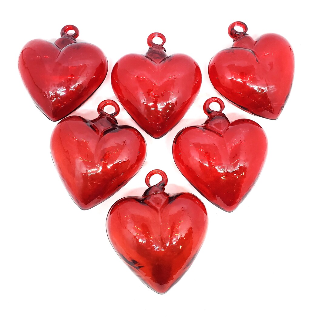 GLASS ORNAMENTS / Red 3.5 inch Medium Hanging Glass Hearts (set of 6)